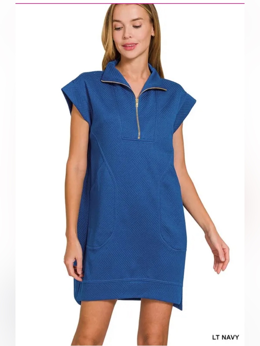 ZENANA WOMENS KNIT MINI DRESS TEXTURED KNIT QUARTER ZIP/LT NAVY BLUE/SIZE S/NWOT